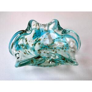 Murano Style Hand Blown Art Glass Bowl Aqua Turquoise Aventurine Flecks 7”